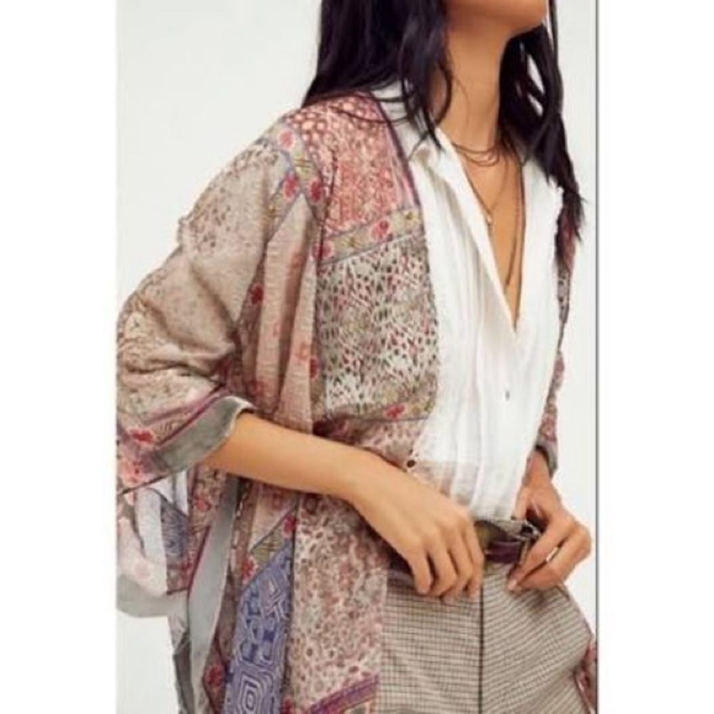 Free People Beguiled Patchwork Velvet Burnout Kimono Duster OS - Picture 2 of 6